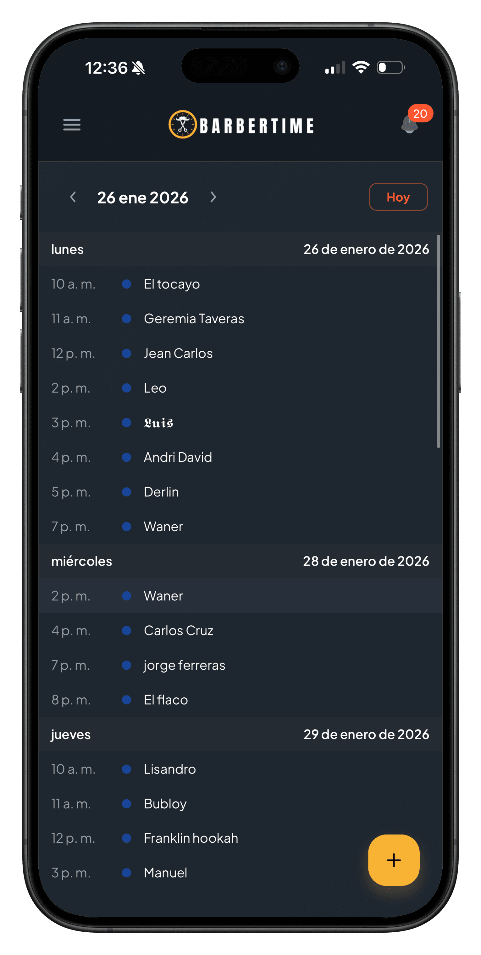 Vista de agenda en celular